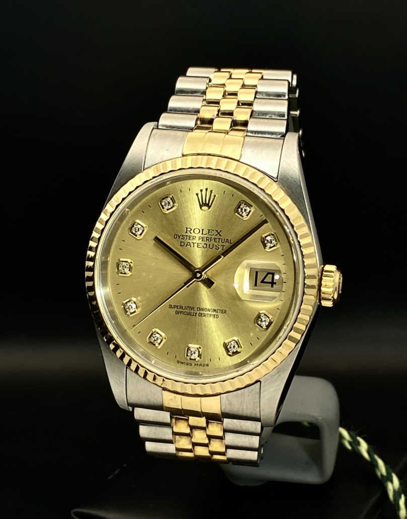 Rolex Datejust Ref 16233G Champagne Diamond Dial 18K Yellow 