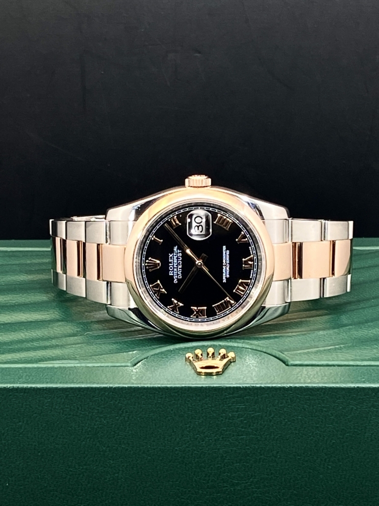Rolex Datejust 36mm Steel & Rose Gold Smooth Bezel Oyster Bracelet Black  Concentric Arabic Dial 116201